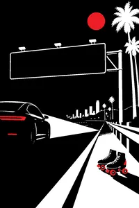 A freeway message board at night lit by a lone sedan's headlights, palm trees and a pair of roller skates on the shoulder.