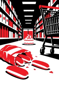 A supermarket aisle with a ripped-open bag of hot dog buns on the floor, a shopping cart and a wedding cake topper.