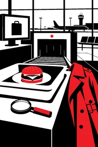 A hamburger on a plate at an airport security checkpoint, a magnifying glass and a trench coat beside it.