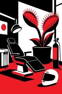 A dentist's chair beside a giant potted plant with jaws, a nitrous oxide tank and a motorcycle helmet.