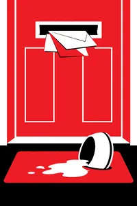 A front door's mail slot with a few envelopes pushed halfway through, a dog's water bowl knocked over on the mat below.