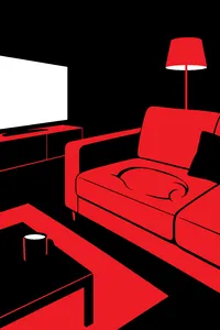 A glowing television in a dark living room and an empty couch cushion with a fresh dog-shaped dent in it.