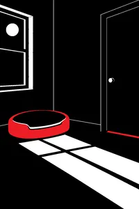 A dark bedroom corner with a dog bed in moonlight and a bare wall, a faint sliver of hall light under the door.