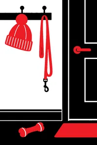 A winter hat hanging on a coat hook by the door, a leash dangling next to it and a dog toy on the floor.
