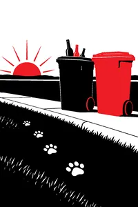Two blue recycling bins at a curb at dawn, glass bottles peeking out of one, a dog's paw prints in dew on the lawn.