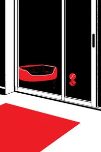 A glass sliding door at night reflecting a dog bed and a ball, nose smudges at knee height.
