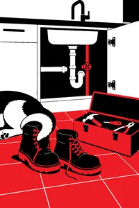 A pair of work boots and an open toolbox on a kitchen floor beside an open cabinet under the sink, a sleeping dog's tail curled over one boot.
