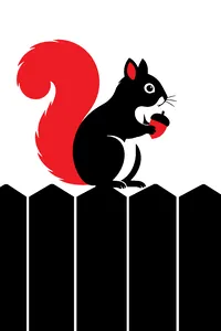 A squirrel perched on top of a wooden backyard fence, tail curled, an acorn in its paws.