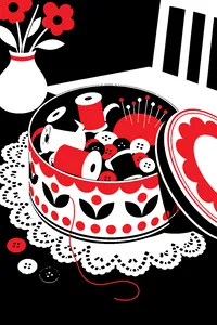 A round cookie tin with its lid off, full of spools of thread, buttons and pins, on a lace doily.