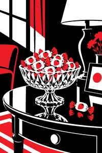 A cut-glass candy dish full of hard candies in strawberry-patterned wrappers on a polished side table.
