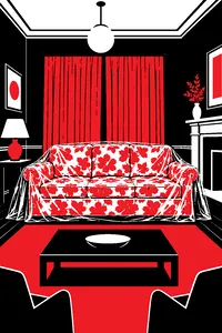 A floral sofa sealed in clear plastic covers in a formal living room with drawn curtains.