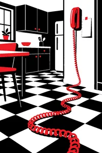 A wall-mounted kitchen telephone with a very long coiled cord trailing across a linoleum floor, a handwritten list taped beside it.