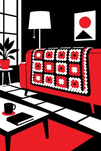 A crocheted granny-square blanket draped over the back of an old couch.