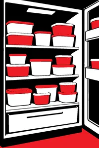 An open refrigerator shelf stacked with mismatched plastic margarine tubs with no labels.