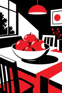 A bowl of wax fruit on a dining table, one apple with a small bite mark.