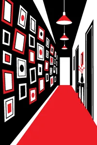 A narrow hallway wall covered in rows of small mismatched picture frames, all slightly crooked.