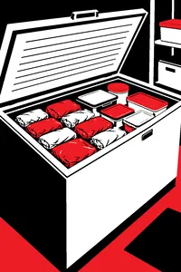 An open chest freezer packed with foil-wrapped bundles and frosted containers.