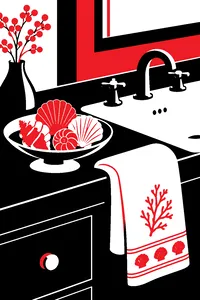 A dish of seashell-shaped soaps beside a bathroom sink with a fancy embroidered hand towel.