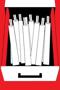 A bundle of disposable wooden chopsticks still in plain paper sleeves, held together by gravity in a drawer.