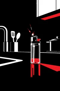 A translucent plastic lighter with a sliver of fuel left inside, a few sparks jumping from it in a dark kitchen.