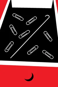 Silver paper clips scattered in a drawer, one unbent into a long wire with a hooked end.