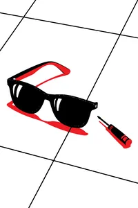 A toothpick-sized screwdriver beside a pair of sunglasses missing one arm, on a white tile floor.