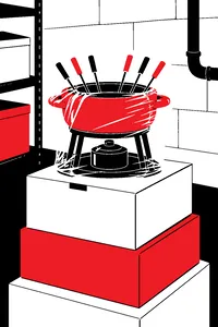 A shrink-wrapped fondue pot with six color-tipped forks and a small burner, sitting in a basement on a stack of boxes.