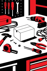 An unopened small box resting on top of a chaotic garage workbench of tangled tools and cords.