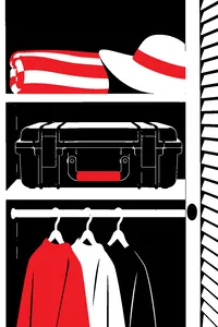 A sealed hard-shell drone case on a closet shelf under a beach towel and a sun hat.
