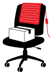 A sealed box on a desk chair seat, a heating pad draped over the back of the chair.