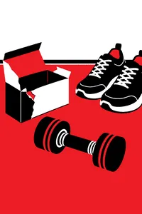 A spring-loaded hand weight on a carpet next to its torn-open box, a pair of sneakers nearby untouched.