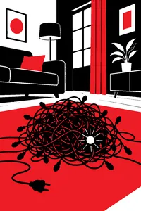A huge tangled ball of string lights on a living room floor, a single bulb glowing.