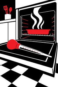 A turkey baster lying across an open oven door, steam rising from inside.
