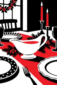 A white porcelain gravy boat on a holiday table set with mismatched plates.