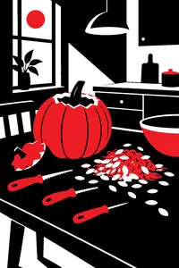 Small orange carving saws scattered beside a half-carved pumpkin and a pile of seeds on a kitchen table.