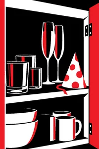 Two tall champagne flutes at the back of a cabinet behind ordinary glasses, a party hat beside them.