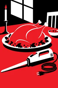 An electric carving knife with its cord coiled beside a roast turkey on a platter.