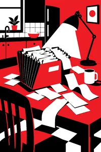 An overstuffed accordion folder spilling receipts onto a kitchen table under a desk lamp.