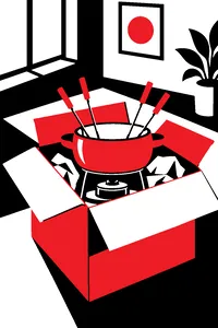 A fondue pot and long forks in an open cardboard moving box.