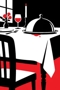 A white tablecloth on a dining table with a faint red stain under the edge of a serving platter.