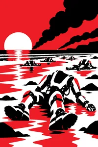 A dented exoskeleton suit lying on a rain-soaked beach under a smoky sky, with a row of identical suits stretching to the horizon.