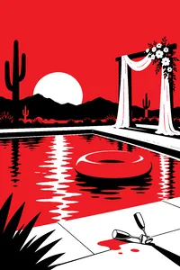 A pink pool float drifting alone in a desert swimming pool at golden hour, a wedding arch with dropped champagne glasses beside it.