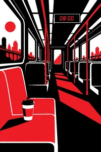 An empty commuter train car with a single paper coffee cup on a seat, a digital clock overhead counting down eight minutes.