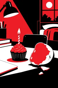 A single birthday cupcake with one lit candle on a dorm-room desk, a cracked baby-doll mask lying beside it.