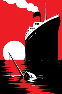 A small sailing yacht capsized on a flat sea beside the towering silhouette of an empty ocean liner.