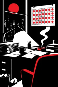 A cluttered office desk at night, a wall calendar where every square says the same day.