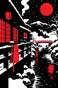 Snow falling on a narrow river behind a wooden Japanese inn, a lone apron draped over a railing by the water.