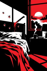 A bullet-riddled bedroom wall at dawn, a machete stuck in the headboard, a coffee mug still steaming on the nightstand.