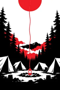 A rope stretching up from a forest clearing into a hazy sky, a circle of old tents and a camp lantern below it.