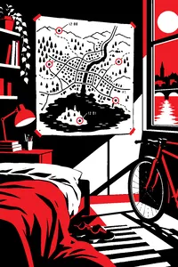 A hand-drawn town map pinned to a bedroom wall, covered in tiny circled stars and timestamps, a bicycle leaning nearby.